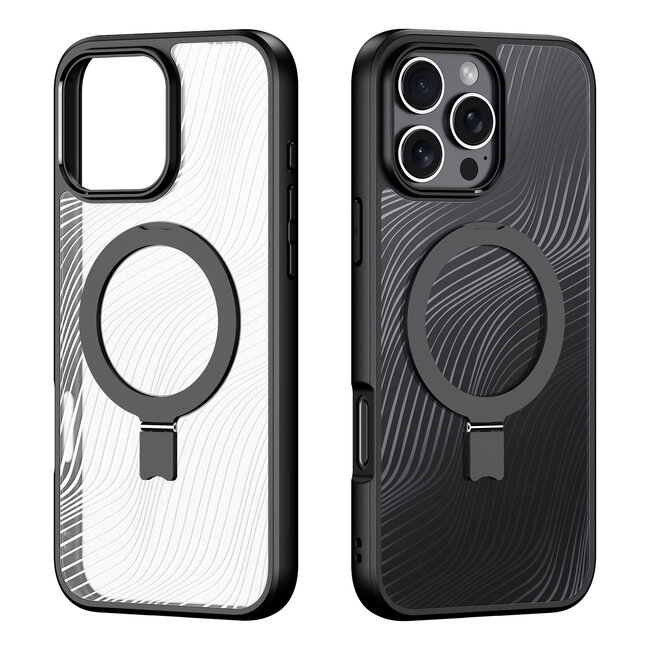 Dux Ducis - Telefoon hoesje geschikt voor de Apple iPhone 16 Pro - Hoesje geschikt voor Magsafe Magneet - Back Cover met standaard - Aimo Series - Zwart