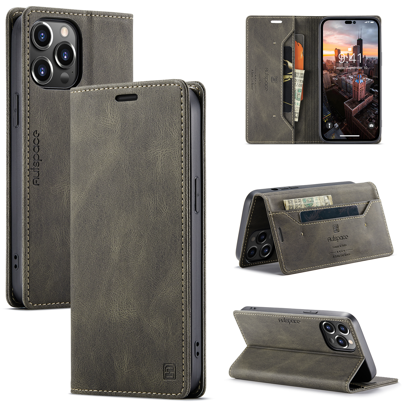 AutSpace - Telefoonhoesje geschikt voor Apple iPhone 15 Pro Max  - Wallet Book Case - Magneetsluiting - met RFID bescherming - Grijs afbeelding