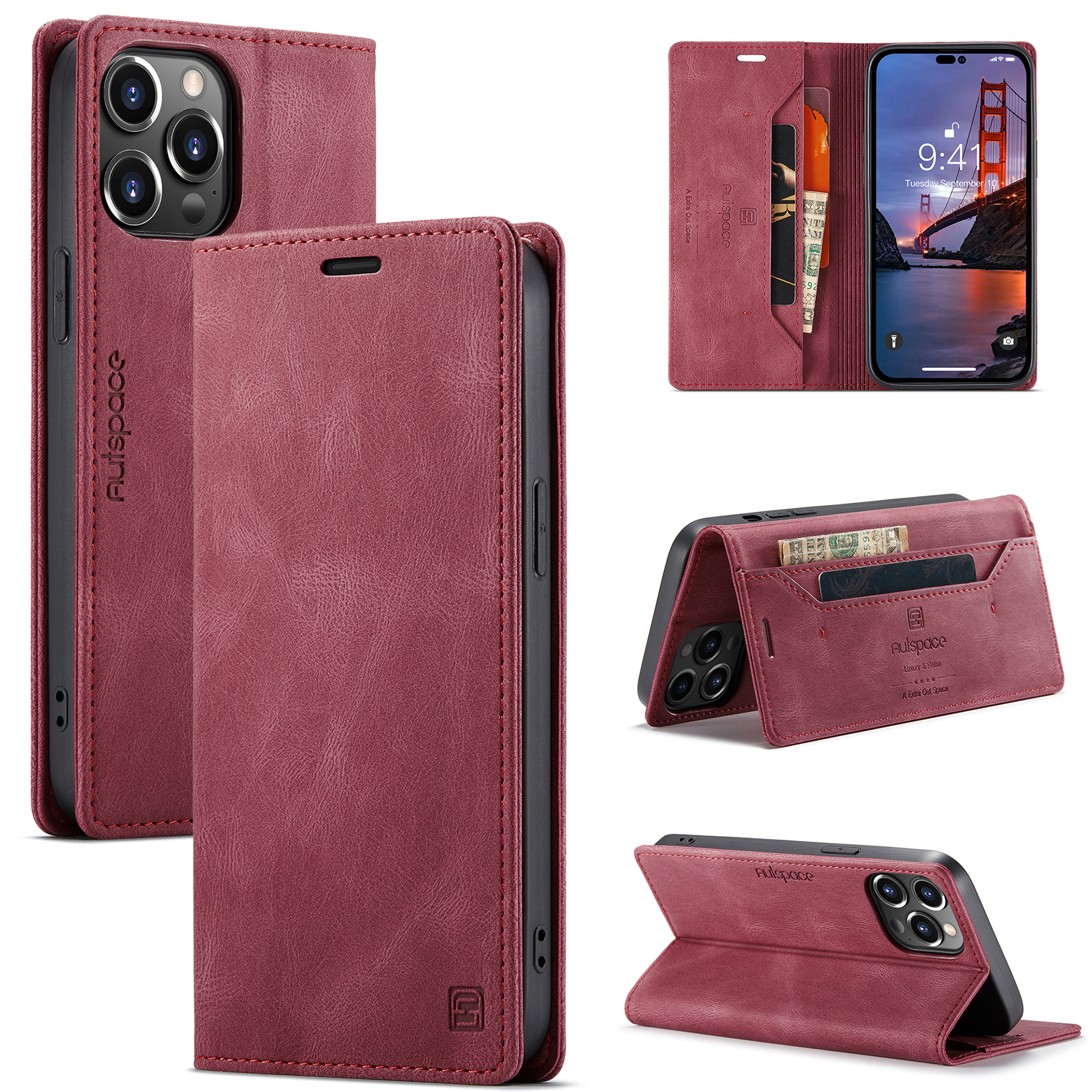 AutSpace - Telefoonhoesje geschikt voor Apple iPhone 15 Pro Max  - Wallet Book Case - Magneetsluiting - met RFID bescherming - Rood afbeelding