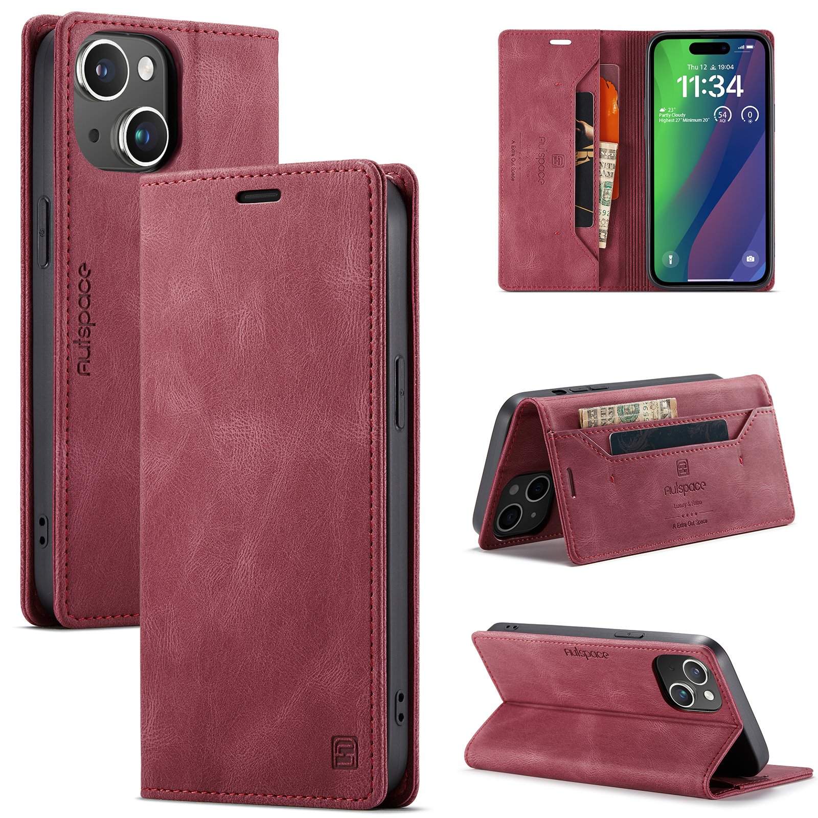 AutSpace - Telefoonhoesje geschikt voor Apple iPhone 15 Plus - Wallet Book Case - Magneetsluiting - met RFID bescherming - Rood afbeelding