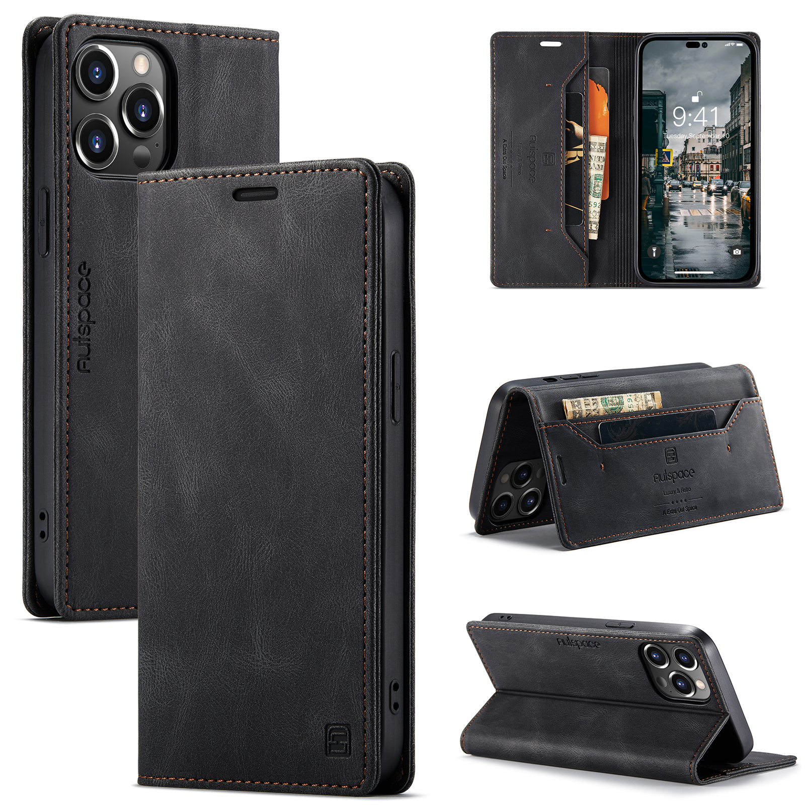 AutSpace - Telefoonhoesje geschikt voor Apple iPhone 15 Pro - Wallet Book Case - Magneetsluiting - met RFID bescherming - Zwart afbeelding