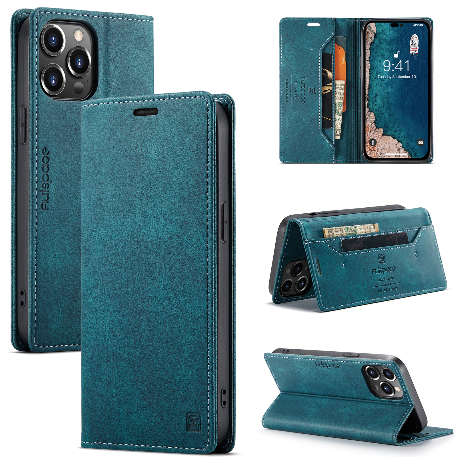 AutSpace - Telefoonhoesje geschikt voor Apple iPhone 15 Pro - Wallet Book Case - Magneetsluiting - met RFID bescherming - Blauw afbeelding