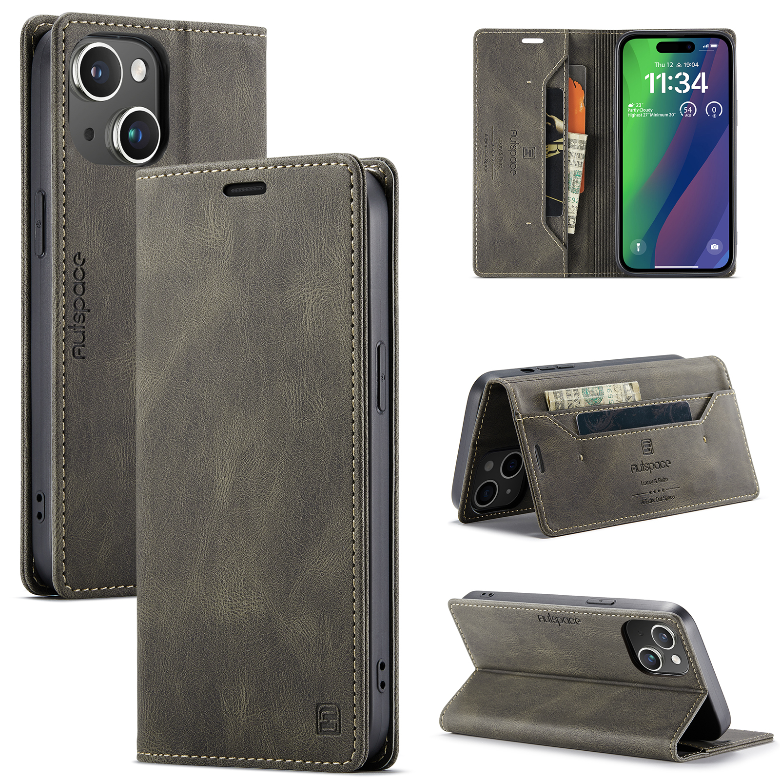 AutSpace - Telefoonhoesje geschikt voor Apple iPhone 15 Plus - Wallet Book Case - Magneetsluiting - met RFID bescherming - Grijs afbeelding