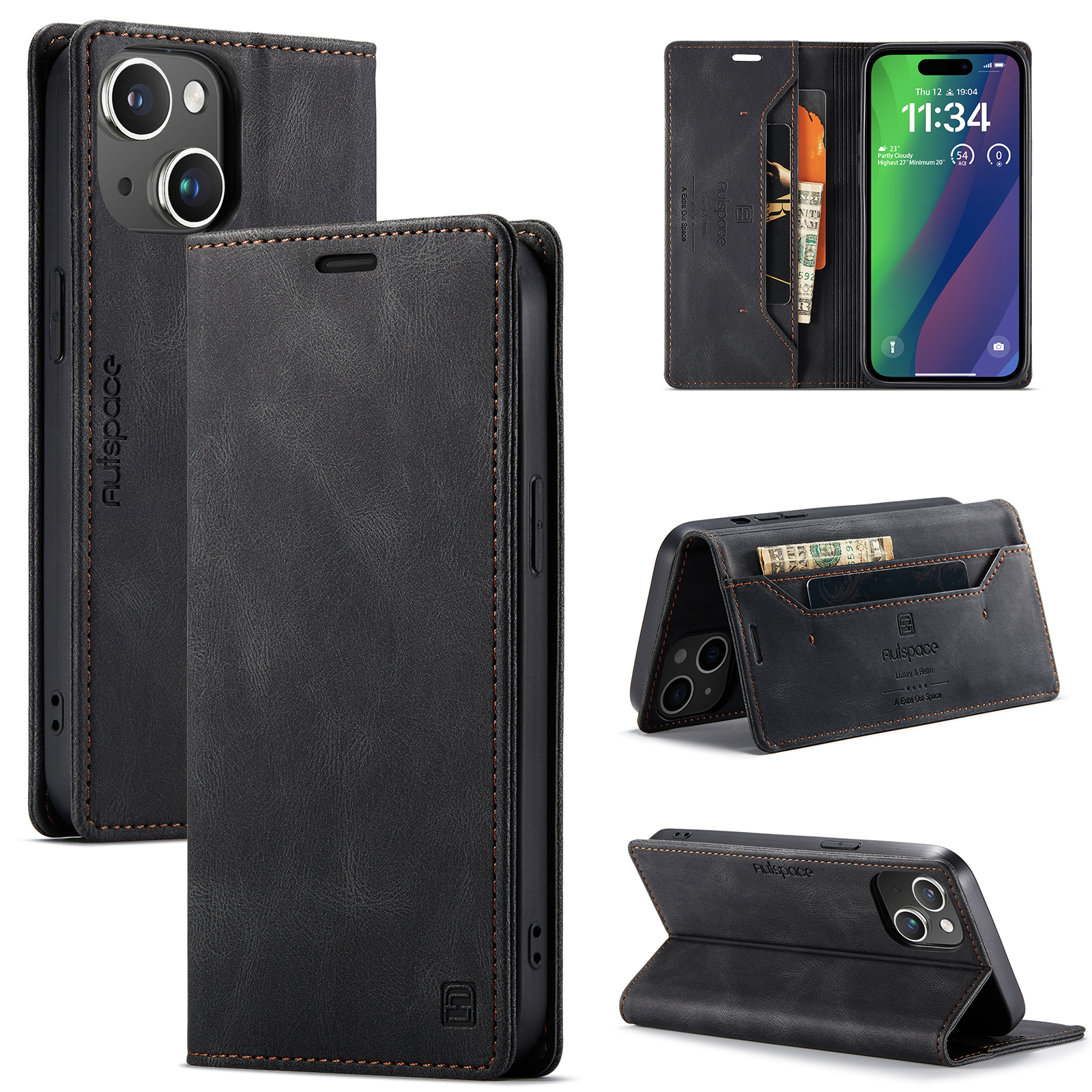 AutSpace - Telefoonhoesje geschikt voor Apple iPhone 15 Plus - Wallet Book Case - Magneetsluiting - met RFID bescherming - Zwart afbeelding