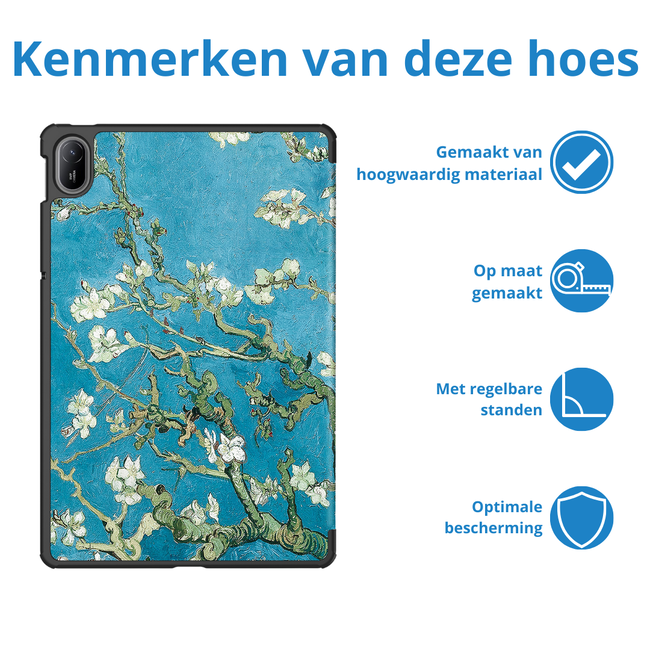 Case2go - Tablet hoes geschikt voor Huawei MatePad SE 11 (2024) - Tri-Fold Book Case - Auto Wake/Sleep functie - Witte Bloesem