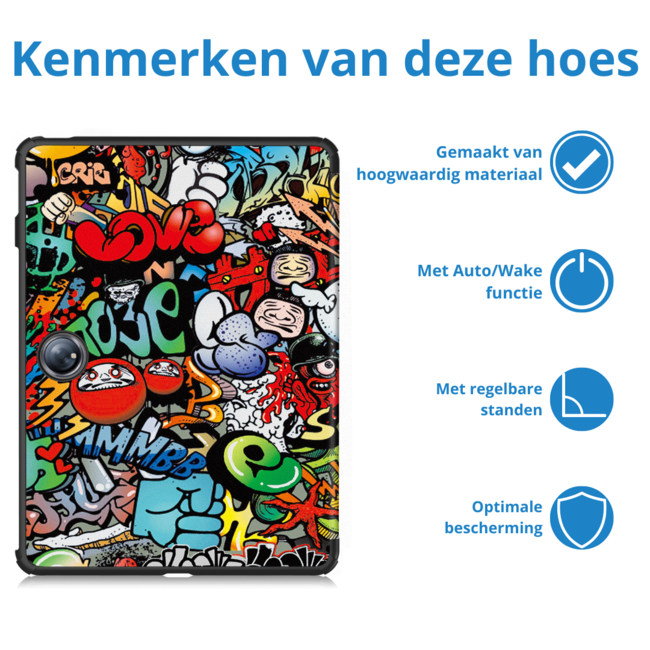 Case2go - Tablet hoes geschikt voor OnePlus Pad 2 (2024)/ OnePlus Pad Pro - Tri-fold hoes - Auto/Wake functie - Graffiti