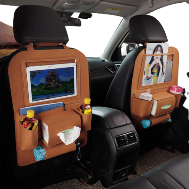 Case2go - Auto organizer met Tablet houder - Autostoel Organizer met telefoonhouder en bekerhouder auto - Bruin