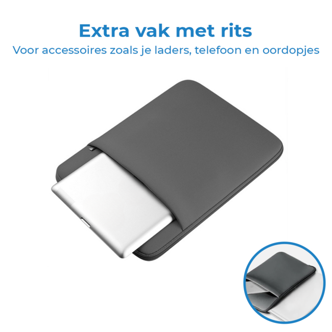 Case2go - Laptop Sleeve geschikt voor Macbook en Laptop - met extra vak voor Tablet - 14 inch - Grijs