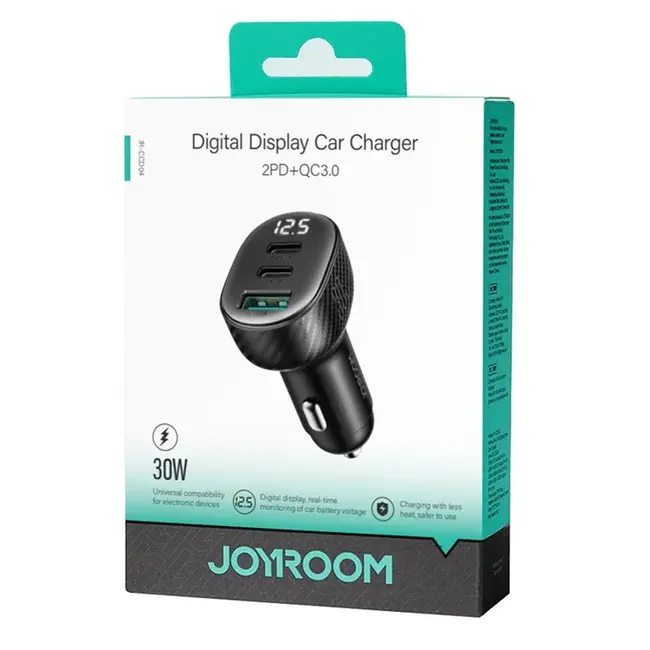 Joyroom - Autolader - Snellader voor mobiele telefoon - 2 x USB-C - 1 X USB-A - 30W - Zwart