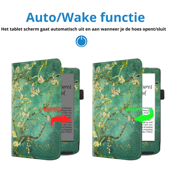 Case2go - E-reader hoes geschikt voor PocketBook Verse / Verse Lite / Verse Pro / Verse Pro Color - Sleepcover - Auto/Wake functie - Met handstrap - Witte Bloesem