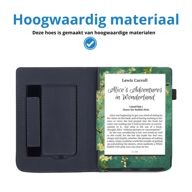 Case2go - E-reader hoes geschikt voor PocketBook Verse / Verse Lite / Verse Pro / Verse Pro Color - Sleepcover - Auto/Wake functie - Met handstrap - Witte Bloesem