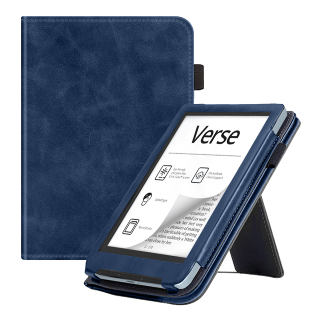 Case2go - E-reader hoes geschikt voor PocketBook Verse / Verse Lite / Verse Pro / Verse Pro Color - Sleepcover - Auto/Wake functie - Met handstrap - Donker Blauw