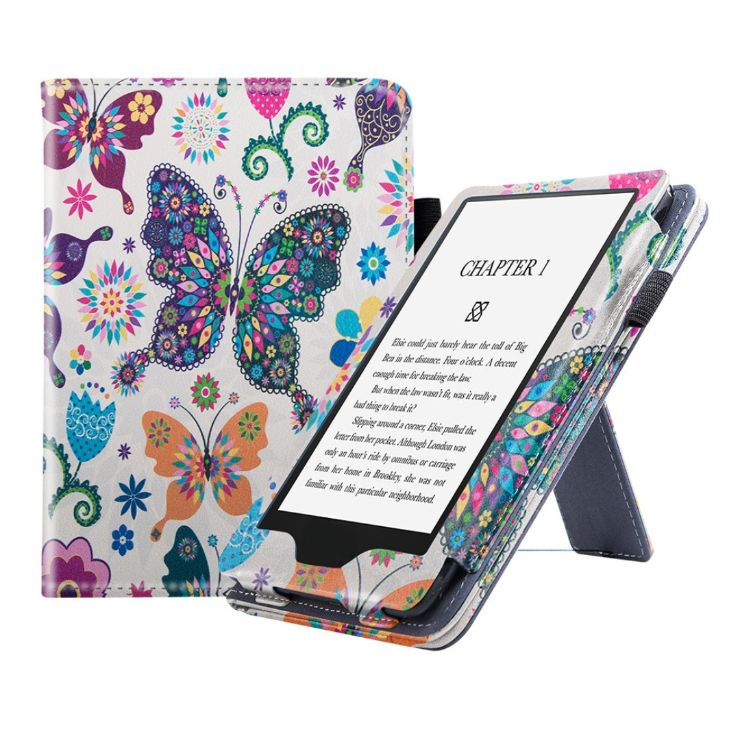 Case2go - E-reader Hoes geschikt voor Kindle Paperwhite (2021) - Sleepcover - Auto/Wake functie - Met handstrap - Vlinder afbeelding