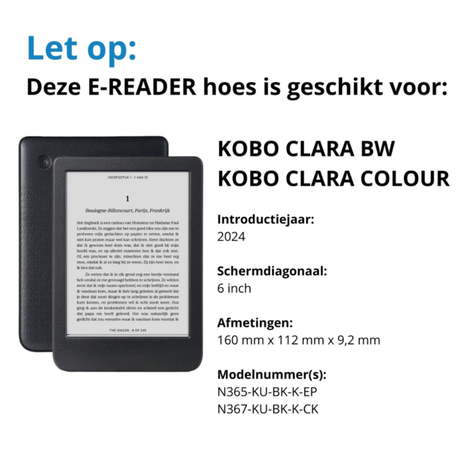 Case2go - E-reader hoes geschikt voor Kobo Clara Colour/ BW - Sleepcover - Auto/Wake functie - Met handstrap - Bruin