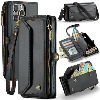 CaseMe CaseMe - Telefoonhoesje geschikt voor Apple iPhone 16 Pro - Wallet Book Case met Schouder Strap - Zwart