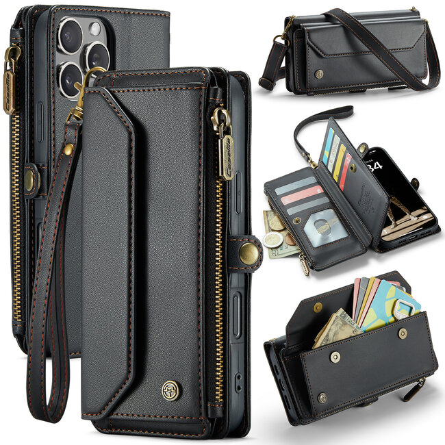 CaseMe - Telefoonhoesje geschikt voor Apple iPhone 16 Pro - Wallet Book Case met Schouder Strap - Zwart