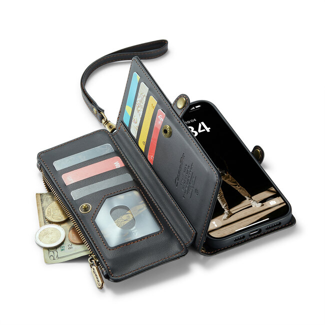 CaseMe - Telefoonhoesje geschikt voor Apple iPhone 16 Pro - Wallet Book Case met Schouder Strap - Zwart