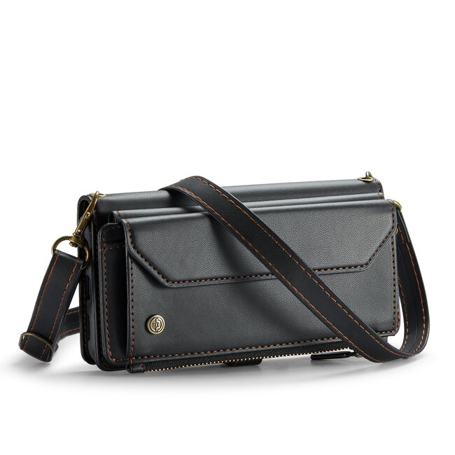 CaseMe - Telefoonhoesje geschikt voor Apple iPhone 16 Pro - Wallet Book Case met Schouder Strap - Zwart