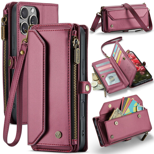 CaseMe - Telefoonhoesje geschikt voor Apple iPhone 16 Pro - Wallet Book Case met Schouder Strap - Rood