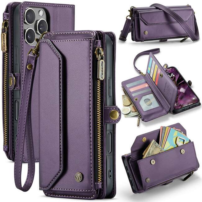CaseMe - Telefoonhoesje geschikt voor Apple iPhone 16 Pro - Wallet Book Case met Schouder Strap - Paars