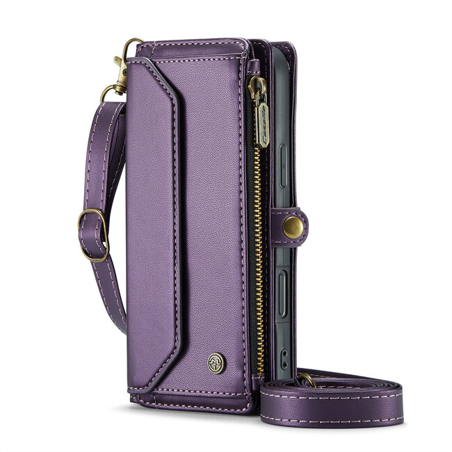 CaseMe - Telefoonhoesje geschikt voor Apple iPhone 16 Pro - Wallet Book Case met Schouder Strap - Paars
