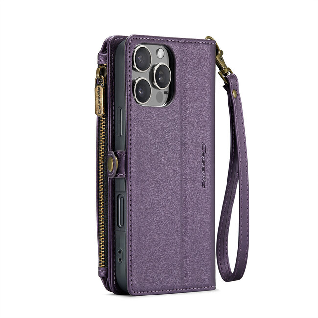 CaseMe - Telefoonhoesje geschikt voor Apple iPhone 16 Pro - Wallet Book Case met Schouder Strap - Paars