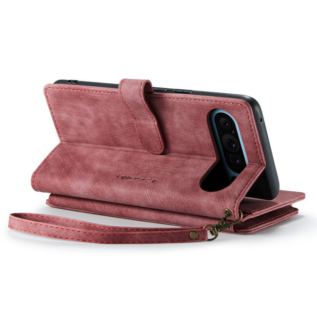 CaseMe - Hoesje geschikt voor Google Pixel 9 Pro XL - Vintage Wallet Book Case Ritssluiting - Met Magneetsluiting - Rood