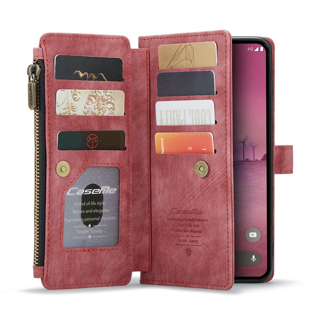 CaseMe - Hoesje geschikt voor Google Pixel 9 Pro XL - Vintage Wallet Book Case Ritssluiting - Met Magneetsluiting - Rood