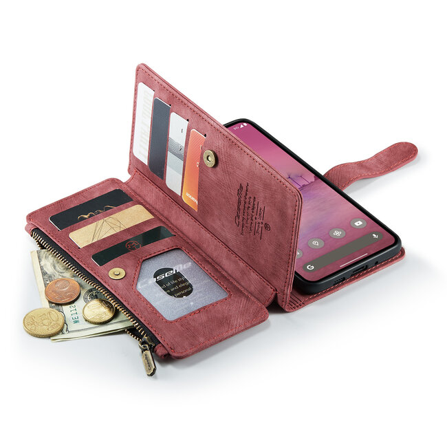 CaseMe - Hoesje geschikt voor Google Pixel 9 Pro XL - Vintage Wallet Book Case Ritssluiting - Met Magneetsluiting - Rood