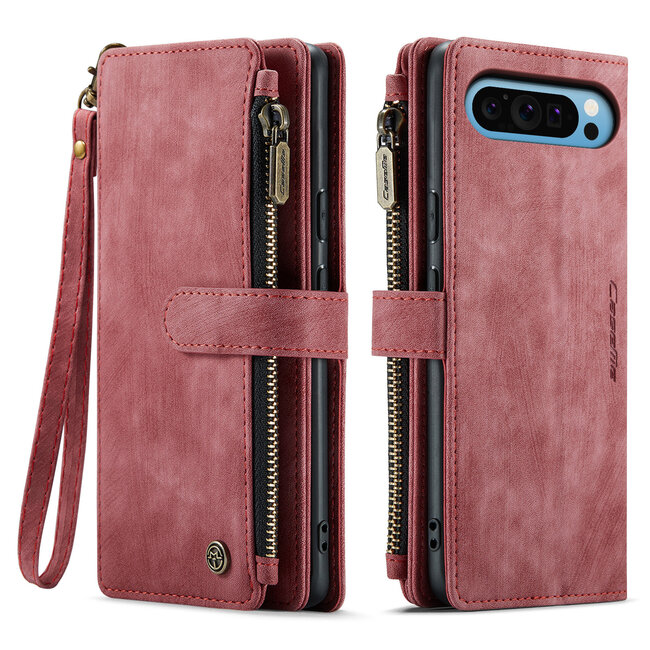 CaseMe - Hoesje geschikt voor Google Pixel 9 Pro XL - Vintage Wallet Book Case Ritssluiting - Met Magneetsluiting - Rood
