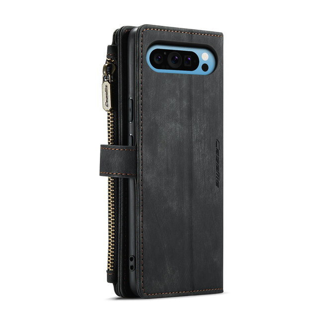 CaseMe - Hoesje geschikt voor Google Pixel 9 Pro XL - Vintage Wallet Book Case Ritssluiting - Met Magneetsluiting - Zwart
