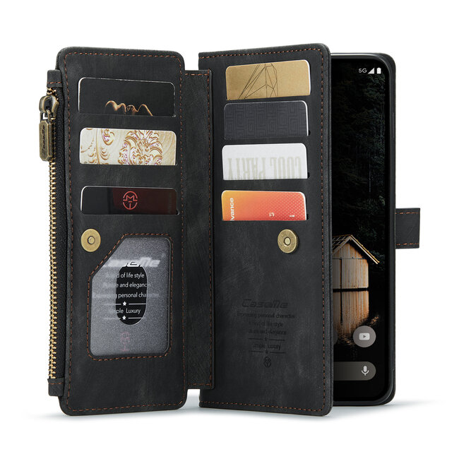 CaseMe - Hoesje geschikt voor Google Pixel 9 Pro XL - Vintage Wallet Book Case Ritssluiting - Met Magneetsluiting - Zwart