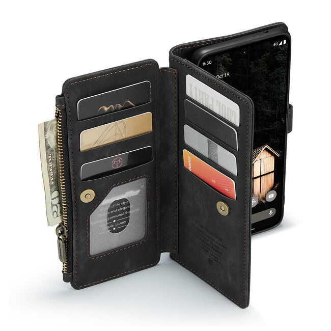 CaseMe - Hoesje geschikt voor Google Pixel 9 Pro XL - Vintage Wallet Book Case Ritssluiting - Met Magneetsluiting - Zwart