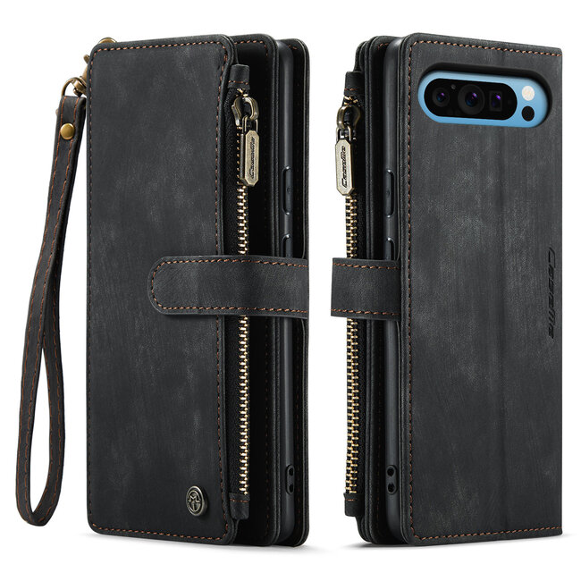 CaseMe - Hoesje geschikt voor Google Pixel 9 Pro XL - Vintage Wallet Book Case Ritssluiting - Met Magneetsluiting - Zwart