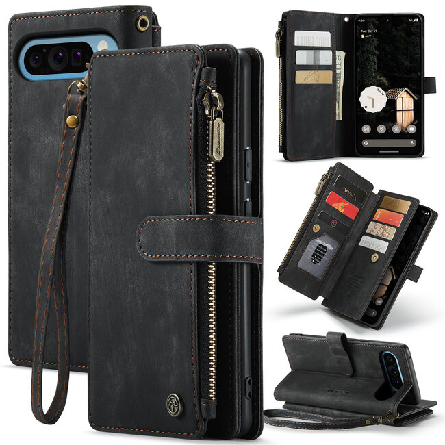 CaseMe - Hoesje geschikt voor Google Pixel 9 Pro XL - Vintage Wallet Book Case Ritssluiting - Met Magneetsluiting - Zwart