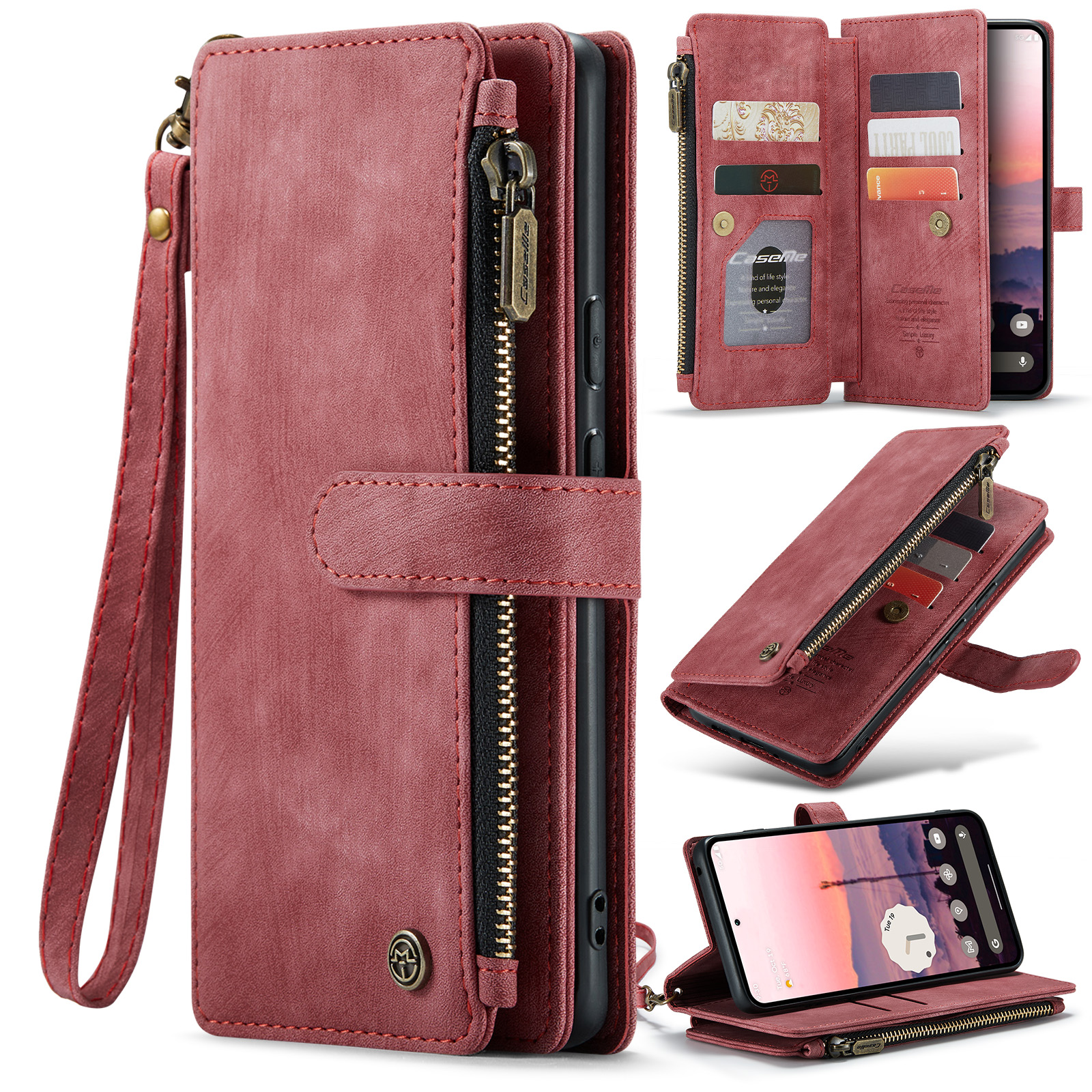 CaseMe - Hoesje geschikt voor Google Pixel 9 / 9 Pro  - Vintage Wallet Book Case Ritssluiting - Met Magneetsluiting - Rood afbeelding