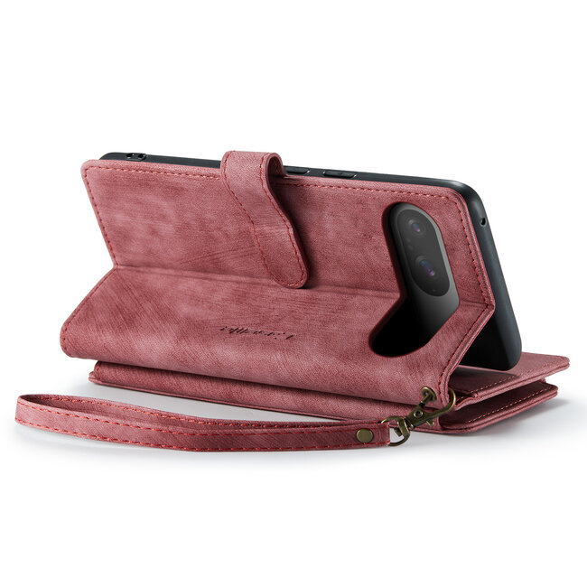 CaseMe - Hoesje geschikt voor Google Pixel 9 / 9 Pro - Vintage Wallet Book Case Ritssluiting - Met Magneetsluiting - Rood