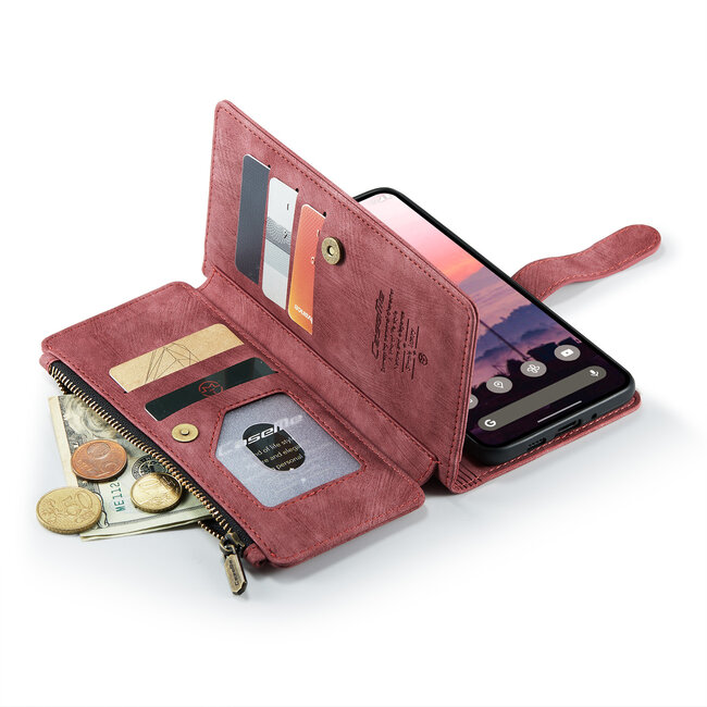 CaseMe - Hoesje geschikt voor Google Pixel 9 / 9 Pro - Vintage Wallet Book Case Ritssluiting - Met Magneetsluiting - Rood