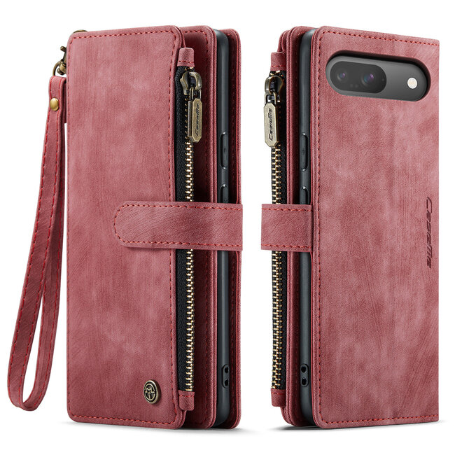 CaseMe - Hoesje geschikt voor Google Pixel 9 / 9 Pro - Vintage Wallet Book Case Ritssluiting - Met Magneetsluiting - Rood