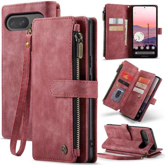 CaseMe - Hoesje geschikt voor Google Pixel 9 / 9 Pro - Vintage Wallet Book Case Ritssluiting - Met Magneetsluiting - Rood