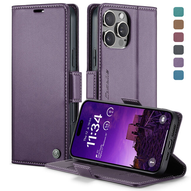 CaseMe - Hoesje geschikt voor Apple iPhone 16 Pro - Retro Wallet Book Case - Met Magnetische Sluiting - Paars