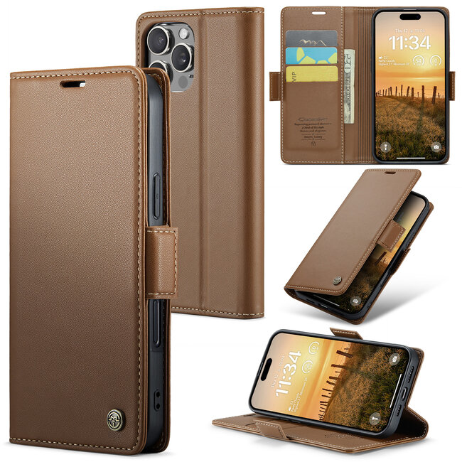 CaseMe - Hoesje geschikt voor Apple iPhone 16 Pro - Retro Wallet Book Case - Met Magnetische Sluiting - Bruin