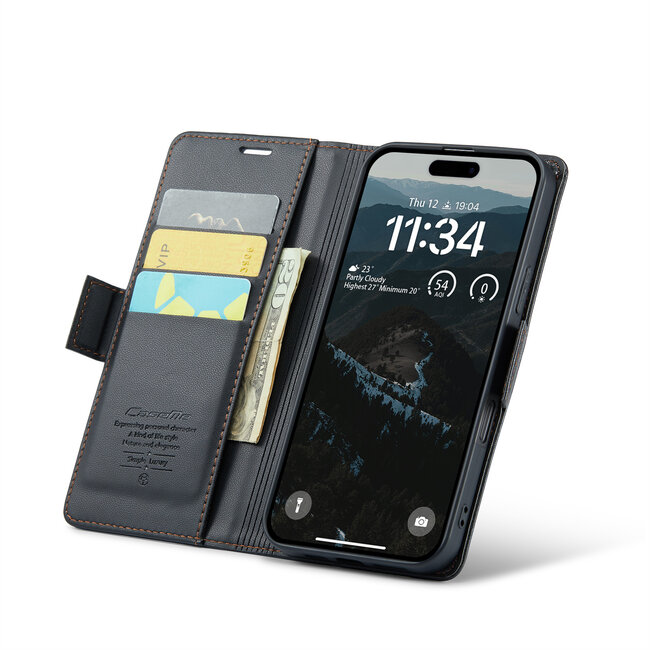 CaseMe - Hoesje geschikt voor Apple iPhone 16 - Retro Wallet Book Case - Met Magnetische Sluiting - Zwart