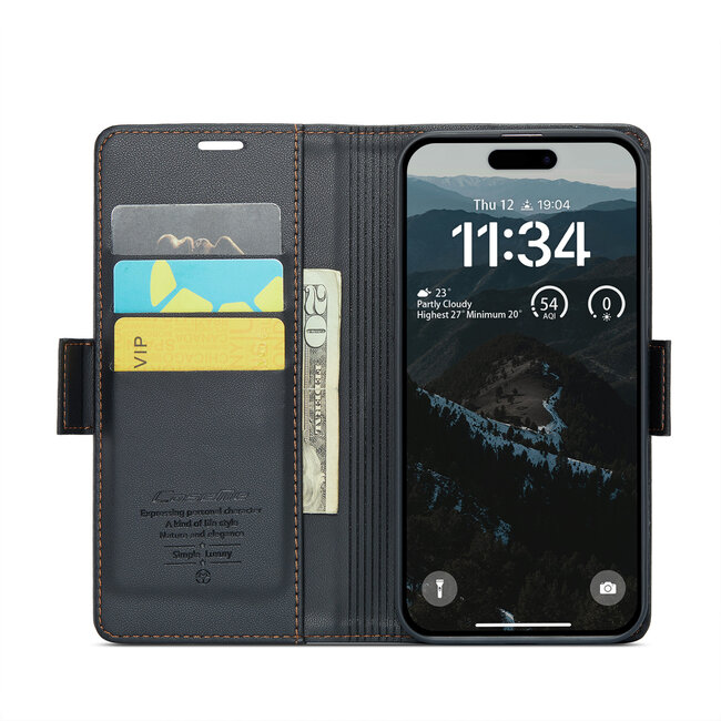 CaseMe - Hoesje geschikt voor Apple iPhone 16 - Retro Wallet Book Case - Met Magnetische Sluiting - Zwart