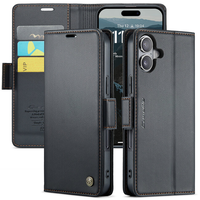 CaseMe - Hoesje geschikt voor Apple iPhone 16 - Retro Wallet Book Case - Met Magnetische Sluiting - Zwart