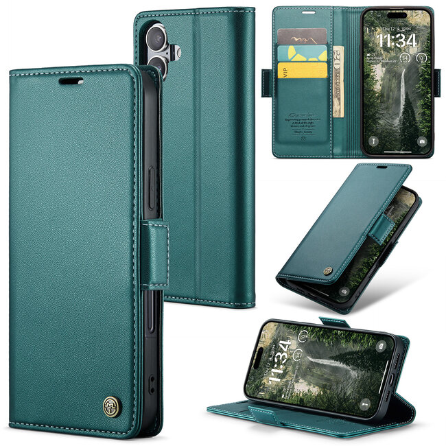 CaseMe - Hoesje geschikt voor Apple iPhone 16 - Retro Wallet Book Case - Met Magnetische Sluiting - Groen
