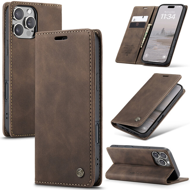 CaseMe - Telefoonhoesje geschikt voor Apple iPhone 16 Pro Max - Wallet Book Case - Met Magnetische Sluiting - Donker Bruin