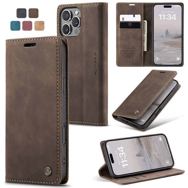 CaseMe - Telefoonhoesje geschikt voor Apple iPhone 16 Pro Max - Wallet Book Case - Met Magnetische Sluiting - Donker Bruin