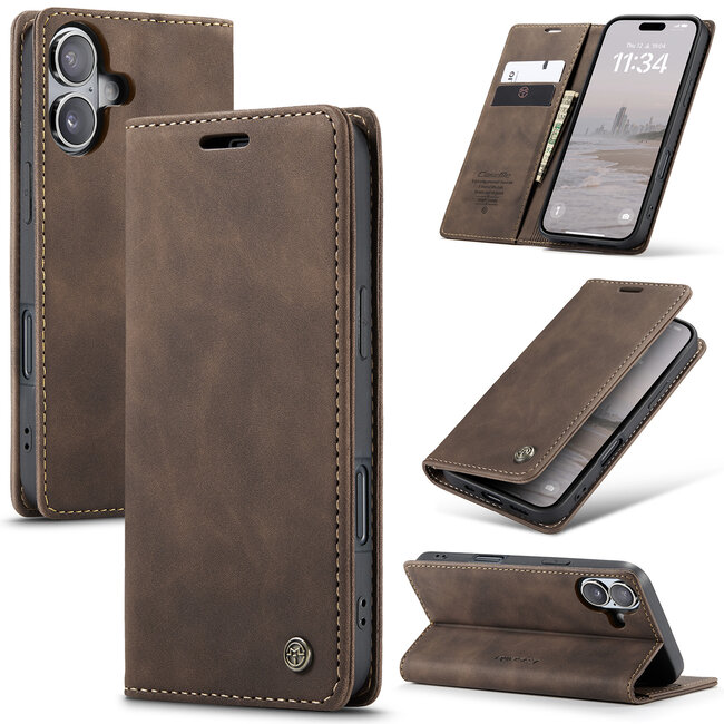 CaseMe - Telefoonhoesje geschikt voor Apple iPhone 16 - Wallet Book Case - Met Magnetische Sluiting - Donker Bruin