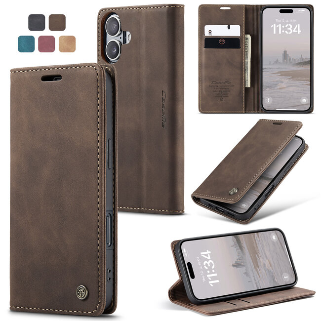 CaseMe - Telefoonhoesje geschikt voor Apple iPhone 16 - Wallet Book Case - Met Magnetische Sluiting - Donker Bruin